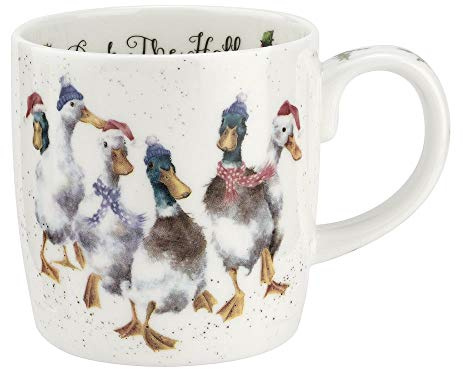 Royal Worcester 14 Oz Duck The Halls Christmas Mug with Duck Design - Fine Bone China Winter Holiday Coffee Mug, Microwave & Dishwasher Safe, Wrendale Designs Festive Holiday Tableware