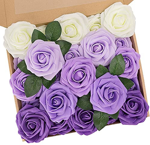 N&T NIETING Fiori Rosa Artificiali, 25 Pezzi Schiuma Teste di Rose Finte Aspetto Reale con Foglia e Gambo Regolabile per DIY Matrimoni Mazzi Nuziale Festa Casa Stanza Decorazioni (Serie viola)