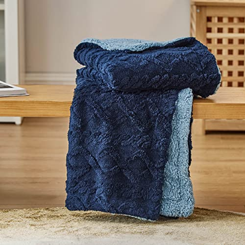 Bedsure Jacquard Sherpa Fleece Blanket - Warm, Twin, Navy Blue, 150x200cm | Sherpa and Jacquard Shaggy, Warm, Winter, Thick, Soft, Sofa, Bed, Throw, Home Decoration, Gift