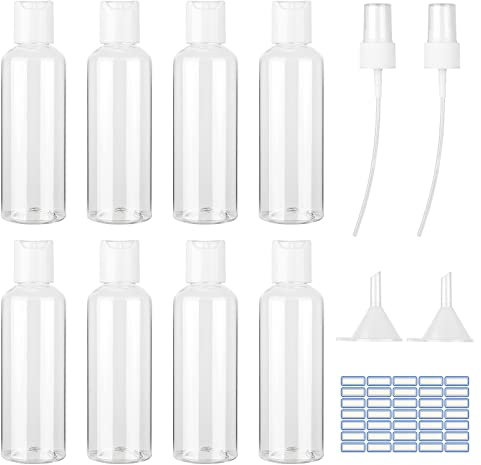 Ysimple 8 Pcs Flacon Vide Voyage 100ml, Flacon Voyage Avion Transparent, Kit Bouteille de Voyage avec 2 Têtes de Pulvérisation et 2 Entonnoirs&1 Etiquettes,pour Lotion,Cosmétiques,Shampoing,Gel Douche