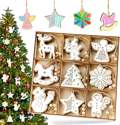 Christbaumschmuck Holz, 27 Stück Weihnachtsbaumschmuck Holzanhänger Doppelschicht Holzfarbe-Weiß, Baumschmuck Holz Kinder Weihnachten mit Juteseil und Holzperlen, Schneeflocken Christbaum Anhänger Set