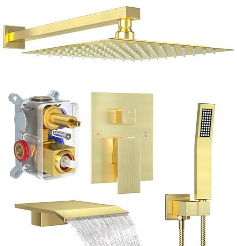 Fatspas Gold Shower System with Rain Handheld, Wall Mounted Mixer & High Pressure Shower Head & 3 Way Valve Kit