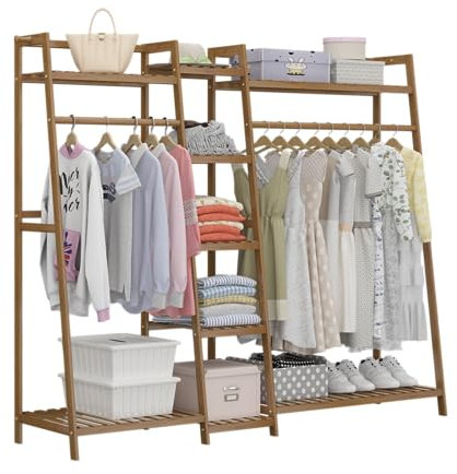 uyoyous Kleiderständer Bambus Holz 160 x 40 x 140 cm garderobenständer mit ablage Multifunktionale Schlafzimmer garderobe Kleiderständer mit 9 Ablagen 2 Kleiderstangestab