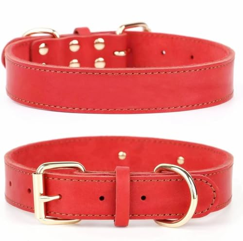 SLZZ Collier pour Chien en Cuir véritable/Colliers réglables en Cuir véritable Durable pour Petit X-Petit Chien Moyen Grand x-Grand (XS:Width 0.6,Neck 12-14.4(30-36cm), Rouge/Non personnalisé)