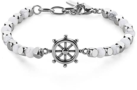 GAVU Bracciale Timone da Uomo con Perline di Pietra Semipreziosa Howlite e Pepite Quadrate di Acciaio Inossidabile