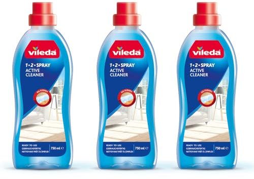 Vileda 1-2 Spray Active Cleaner, Diluted Cleaning Liquid for 1-2 Spray Mop, Pack of 3 750ml, Streak Free Cleaning Solution for Floors, Fresh Scent