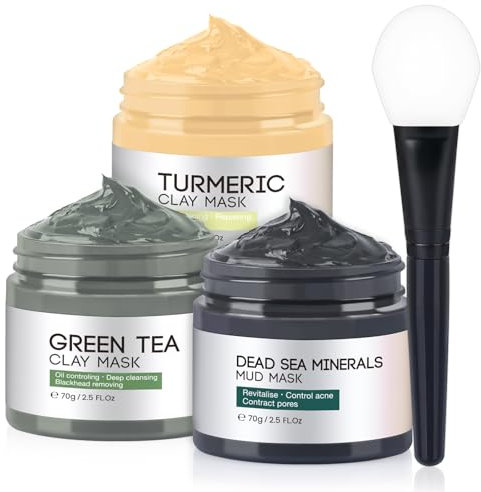 Gesichtsmaske Set für Frauen, Clay Mask mit Kurkuma, Grüner Tee & Totes Meer, Tonerde Maske für Tiefenreinigung, Poren, Mitesser & Ölige Haut – Face Mask 3x70g