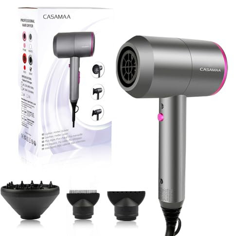 CASAMAA Professional Ionic Hair Dryer Powerful AC Motor Quick Drying with 2 Speed 3 Heat Setting, Cool Shot Button with 1 Diffuser & 2 Concentrator, Hairdryers for Women Man