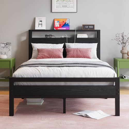 HOJINLINERO Estructura de cama de metal de 120 x 200 cm con somier y función de carga USB, moderno, 120 x 200 cm, con espacio de almacenamiento, cabecero de cama de metal y madera para dormitorio