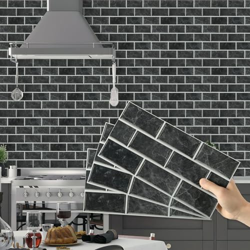 Hode Selbstklebende Fliesen Fliesenaufkleber - Klebefliesen Bad Küche 15x30 Schwarzer Ziegel - Klebefolie Kueche Badezimmer Wand Fliesenwand Aufkleber - Fliesenfolie Wandfliesen Selbstklebend 24 Pcs