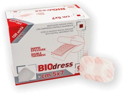 Apósito estéril adhesivo (100 unidades) post-cirugía de TNT 5 x 7 cm, comprimido central absorbente, sin látex, profesional