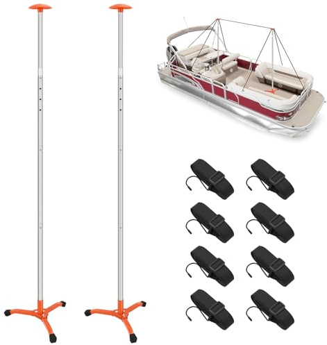 Telescopic Cover Support Pole 2 Pack Silver Stainless Steel Support Rod with 8 Ropes and Steel Base, Foldable Marine Canopy Pole, Suitable for Yachts, Fishing Boats (Maximum 61 in)