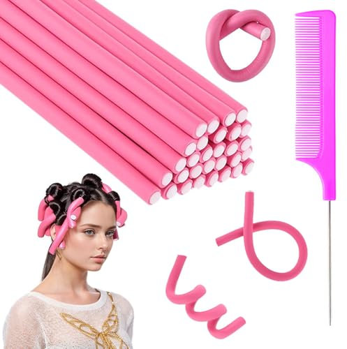 Bigodini per capelli senza calore, papilotte flessibili, bigodini per capelli durante la notte per ragazze in schiuma per capelli lunghi e corti (rosa)