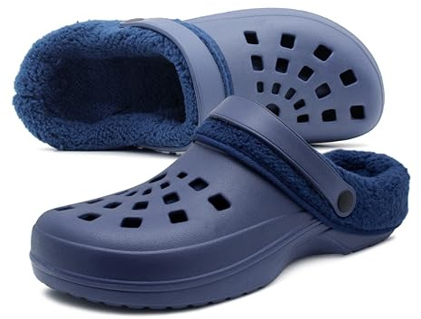 IMTY Mens Clogs Warm Fur Lined Thermal Garden Clogs Slip On Lightweight EVA Slippers Indoor House Shoes Shower Sandals (Navy, UK Footwear Size System, Adult, Men, Numeric, Medium, 7)