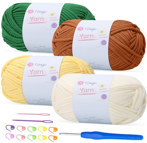 Renyiz 4-Pack 100g Chunky Cotton Crochet Yarn with 4mm Hook, Soft Non-Split Thick Yarn for Amigurumi DIY Gifts, Home Decor, Beginner Projects (Green+Brown+Yellow+Offwhite)