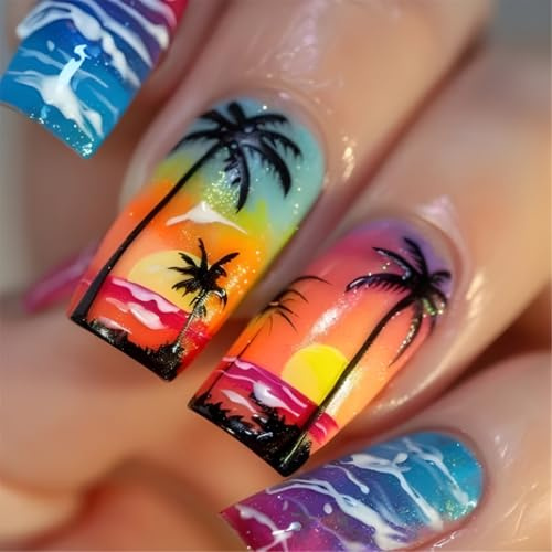 Square False Nails with Palm Tree Press On Nails for Work Dates Parties and Vacations