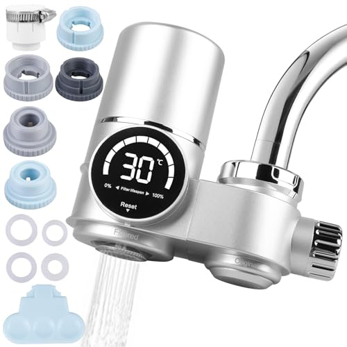 Wasserfilter für Wasserhahn mit LED-Anzeige, Wasserfilter Wasserhahn Trinkwasserfilter entfernt Chlor, Schwermetalle, UV-Sterilisation Leitungswasserfilter(mit Filter) für Küche Reisen Haustiere