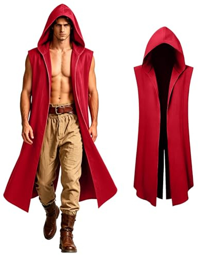 Túnica renacentista con capucha para hombre, disfraz vikingo para hombre, capa medieval con capucha hobbit, rojo vino, M