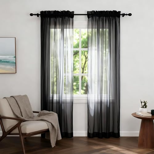 Zdada Net Curtains for Windows 72 Drop, Black Voile Curtains 4 Panels | Slot Top Rod Pocket Semi Transparent Sheer Curtain Short Light Filtering Net Curtain for Living Room Kitcken W60 x L72 Inch