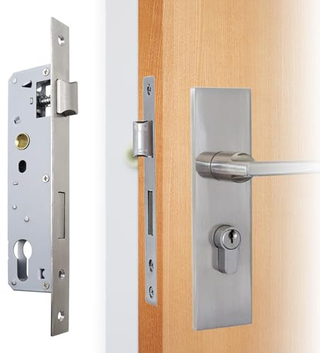 OMJMYY Serratura da incasso per cancello da giardino, serratura per telaio tubolare, 85 mm, misura mandrino 30 mm, in acciaio inox, per porte in metallo robuste, sinistra/destra