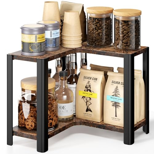 niffgaff Estantería esquinera de 2 niveles para especias – Organizador de encimera en madera y metal, pequeño estante para cocina y rincón de café, acabado marrón vintage