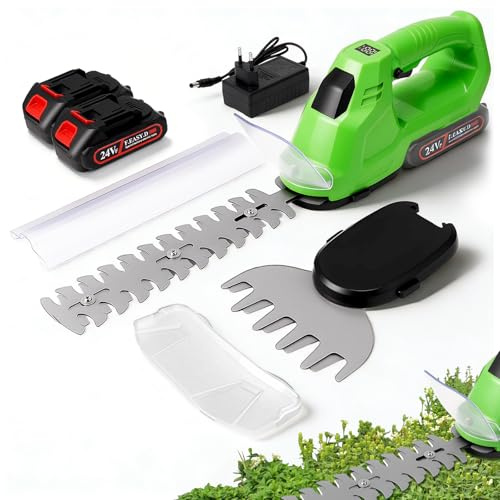 Cortasetos y cortacésped inalámbrico 2 en 1 de 24 V sin escobillas, 2 baterías y Cargador Tijeras Cortasetos eléctricas con 2 Cuchillas Cortasetos + cortacésped Ligeras e inalámbricas para jardinería