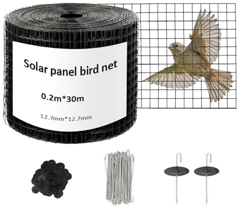 Tasofac 30M x 20CM Protección Antipájaros para Paneles Solares con 60 Clips de Fijación, Malla de Acero Recubierta de PVC Negro 1,27 x 1,27 cm, Rejilla Metálica para Panel Solar, Gallinero y Cercados