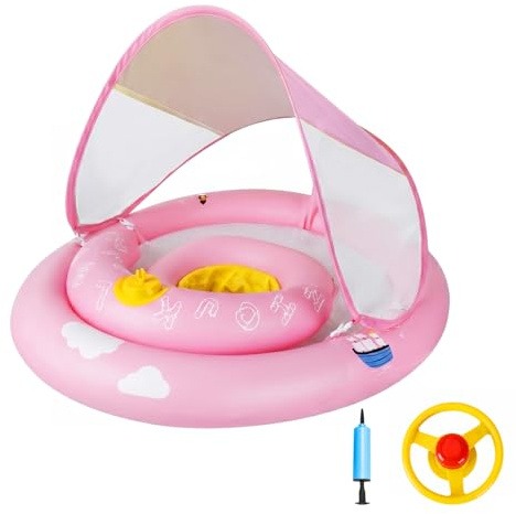 MYCARBON Salvagente Neonato 6 Mesi – 30 Mesi con Parasole Mutandina Regolabile Salvagente Bambini con Pompetta Galleggiante Ciambella per Mare Piscina(Rosa)