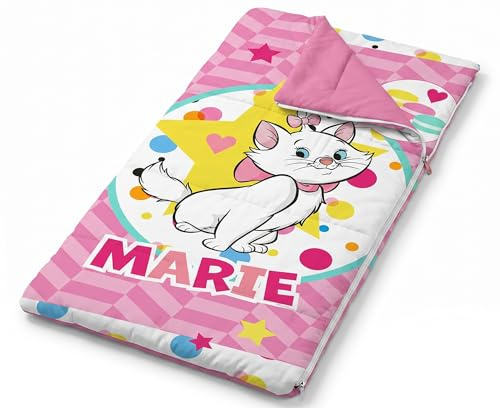 Barnsovsäck 70 × 140 cm | Lätt och varm 100 % polyester med dragkedja | Perfekt för skolresor, övernattningar och camping (Marie Cat - rosa)