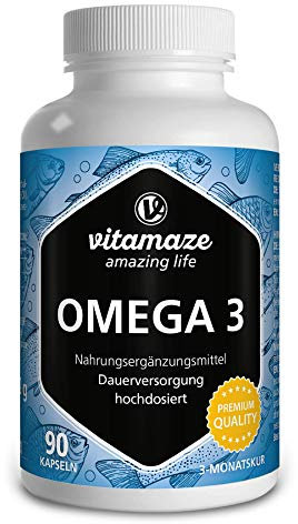Vitamaze® Omega 3 1000 mg por Capsula, Puro Aceite de Pescado con 400 mg (40%) EPA y 300 mg (30%) de DHA por Cápsula para 3 Meses, FOS Certificado, Calidad Alemana