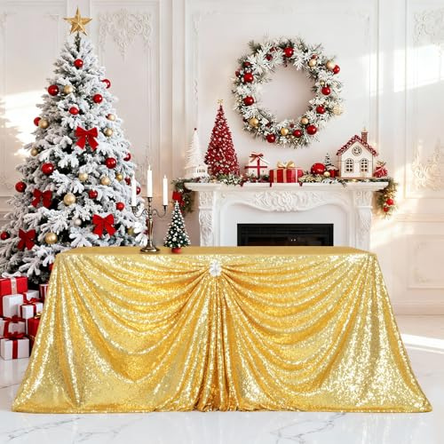 PartyDelight Gold Sequin Tablecloth 60x102 Rectangle High-Density 3mm Sequins Sewn on Mesh for 6ft Banquet Tables Shimmering Non-Shedding Table Cover for Weddings, Parties & Galas