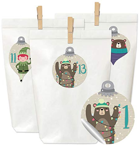 Calendario dell'Avvento Fai da Te da riempire e Creare - Set Completo - 24 Sacchetti di Carta Bianca, 24 Numeri Adesivi e 24 Clip di Legno - Motivo Palle di Natale con Animali - Set Numero 58