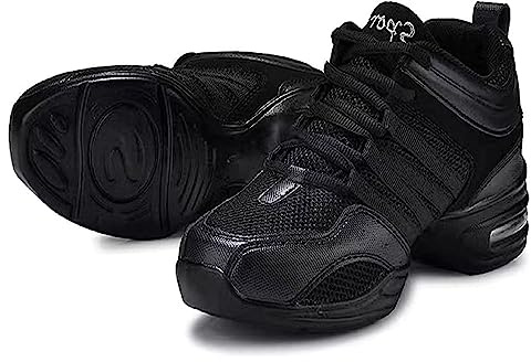 Women's Jazz Shoes Lace-up Sneakers Mesh Slip Thick Soled Jazz Dance Shoes, Cushion Lady Girls Modern Breathable Air Cushion Split Sole Athletic Walking Dance Shoes 1.5M Black