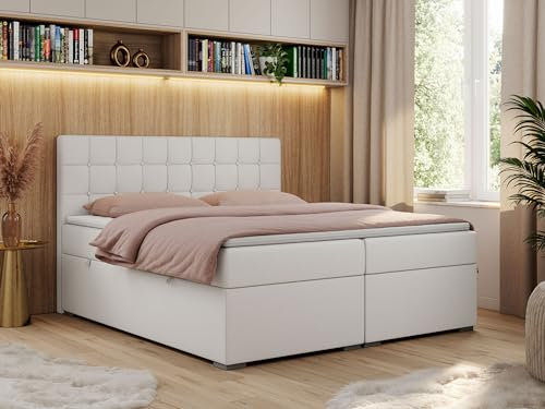 MKS MEBLE Boxspringbett 200x200 mit Bettkasten, Bett 200x200 mit Stauraum und Kopfteil, Polsterbett mit Multipocket - Matratze H3 und Topper - Carmen - Weiß Kunstleder