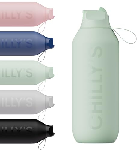 Chilly's Series 2 Flip Water Bottle with Sports Lid - Vacuum Insulated Stainless Steel Water Bottle with Straw, Carry Loop, & Cleaning Brush - No Sweat - 1000ml - Lichen Green