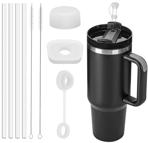 MARFOREVER Transparent Hartplastik Strohhalme, 4 Stück Ersatz Strohhalme Set 31 cm Strohhalme Lang Wiederverwendbare Trinkhalme mit Silikon Stopfen Auslaufsicherer für Stanley Cup Zubehör 30oz 40oz