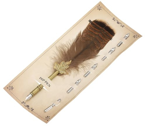 PATIKIL Fjäderpenna, 25 cm vintage Quill Pen fjäder dopppenna med 5 st ersättningsspetsar för att skriva kalligrafi bröllop signatur gäst, brun/gul