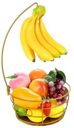 DIYZON Fruit Basket with Banana Hanger, Metal Kitchen Countertop Fruit - Vegetable Bowl, Multifunctional Tiered Storage, Keep Fruits and Vegetables Fresh (Round Wood, Gold)