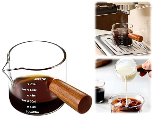 Paquete de 2 tazas de espresso con mango de madera, accesorios de espresso de vidrio transparente, taza medidora de vidrio con doble escala, vaso de chupito espresso con boquilla en forma de V de 100
