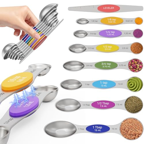 Magnetic Measuring Spoons Set of 8 - Heavy Duty 304 Stainless Steel, Triple Measurement Markings, Strong N52 Magnets, Easy to Clean, Space-Saving with Leveler Included (Colorful)