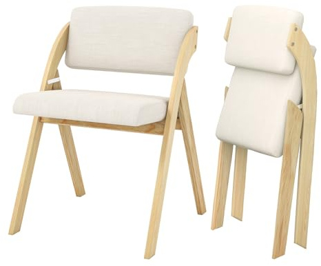 POWERSTONE Folding Chairs Set of 2 with Cushion, Modern Foldable Kitchen Dining Chairs with Rubber Wood Legs for Guests Home Office Wedding Party, No Assembly Natural