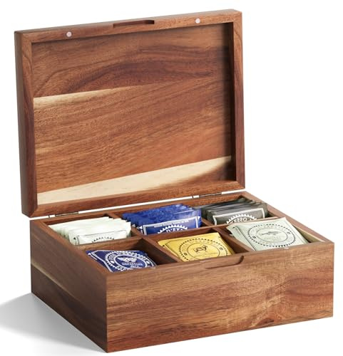Danfoxer Acacia Wood Tea Bag Organizers, Tea and Sugar Packet Storage Chest with Lid, Wooden Teabag Holder Containers,Storage Box Teabox with 6 Compartments
