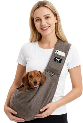 PAWPUBBY Dog Sling Carrier, Hands-Free Adjustable Padded Shoulder Strap Bag, Travel Carrier for Puppies and Kittens, Secure and Lightweight for Outdoor Indoor Use (Caramel, L - Longer Padded Strap)