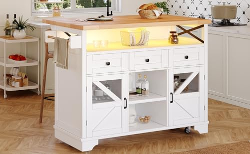 Bladez Carrello da portata da cucina arrotolabile, con tavolo pieghevole e illuminazione LED app, isola da cucina moderna, carrello da bar mobile e armadio da cucina con ripiani per snack, tavolo da