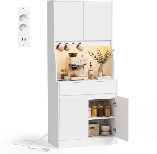 YOUDENOVA Kitchen Cupboard 180 cm Cabinet with LED Lights & Outlets | Drawer, adjustable shelves and spacious storage cabinet for kitchen, coffee bar, dining room or pantry organization.