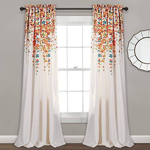 Lush Decor Weeping Flower Light Filtering Window Curtain Panels, Pair, 52 W x 95 L + 2 Header, Turquoise & Tangerine - Charming Modern Floral Curtains for Living Room, Dining Room, & Bedroom