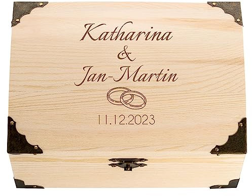 4youDesign Holzkiste, Schatztruhe zur Hochzeit mit Gravur – Motiv Ringe 2 Namen & Datum – Hochzeitsgeschenk für Brautpaar – Perfekt als Verpackung oder Geldgeschenk – L18xB13xH10cm