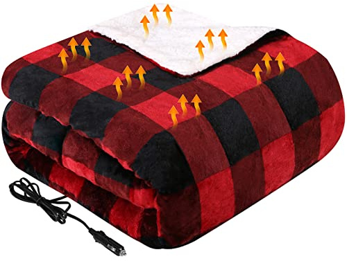 Westinghouse Heated Car Blanket, 12-Volt Electric Blanket for Car, Truck, SUV, RV, Portable Heated Throw for Camping, Red Buffalo Plaid, 59 x 43”