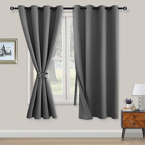 XWZO Blackout Curtains Shades Window Curtain Panels with Tiebacks- Noise Reduction and Thermal Insulated Eyelet Curtains for Bedroom,Living Room,Office,Study Room Grey W52xL63