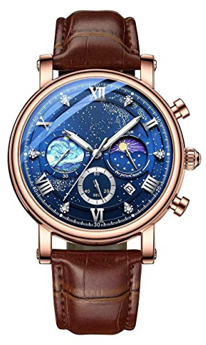 MINILUJIA Men's Classic Multifunctional Sports Analog Watch Business Dress Waterproof Luminous Chronograph Starry Sky Moon Phase Leather Wristwatch 32M Waterproof